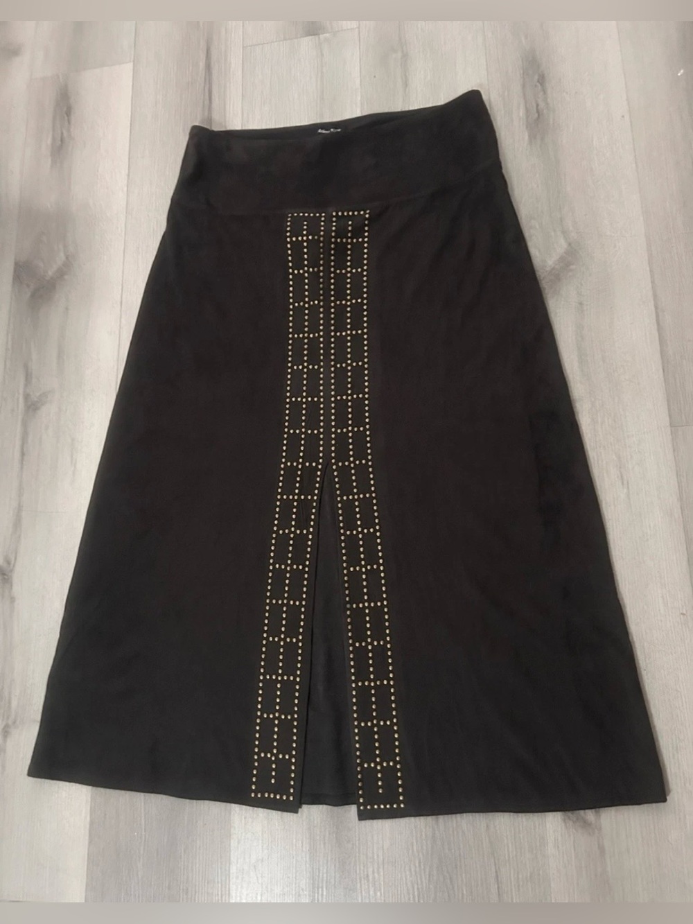 Athena Marie Brown suede  A-Line Skirt with Gold Stud Trim